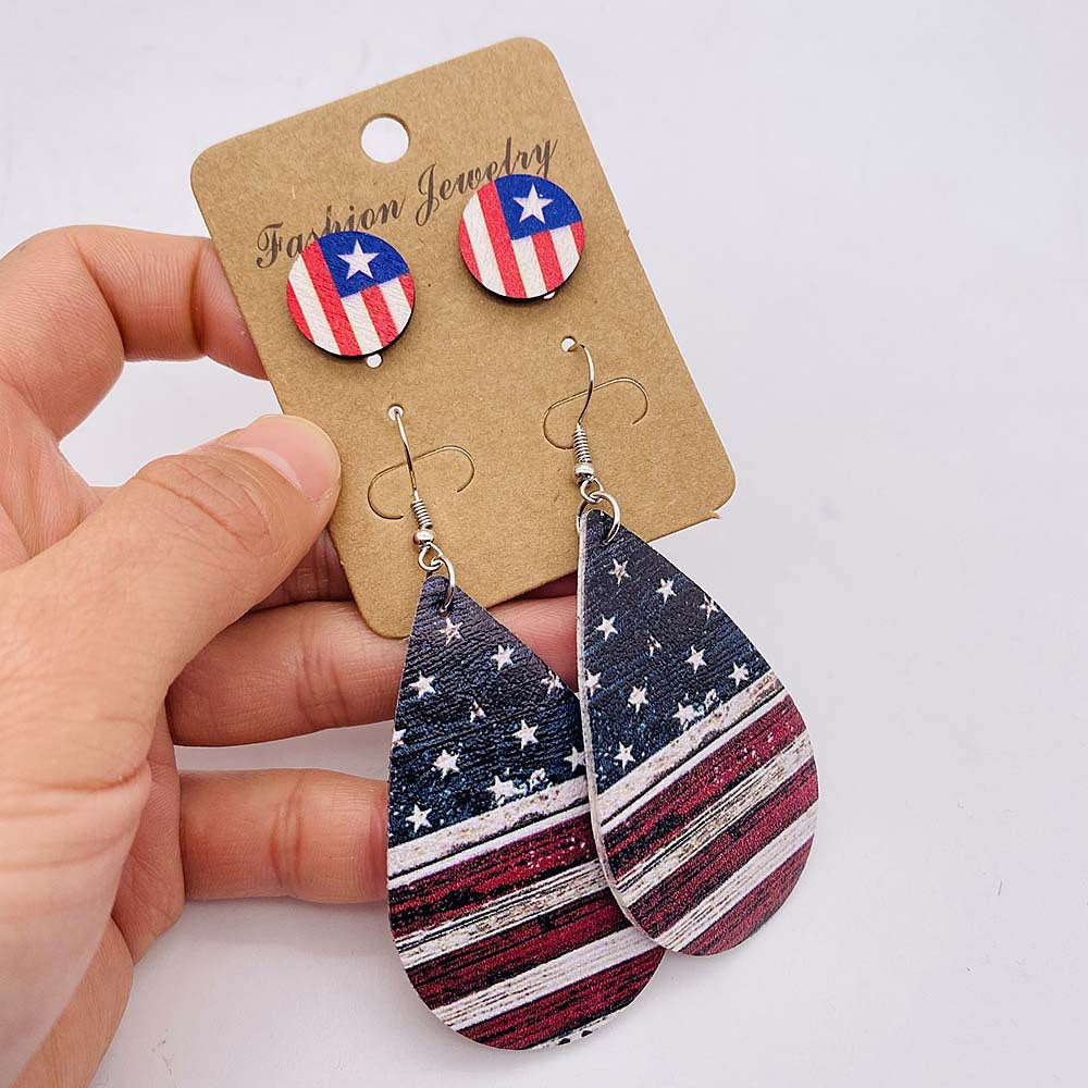 Wholesale Independence Day American Flag Leather Earrings Stud Set